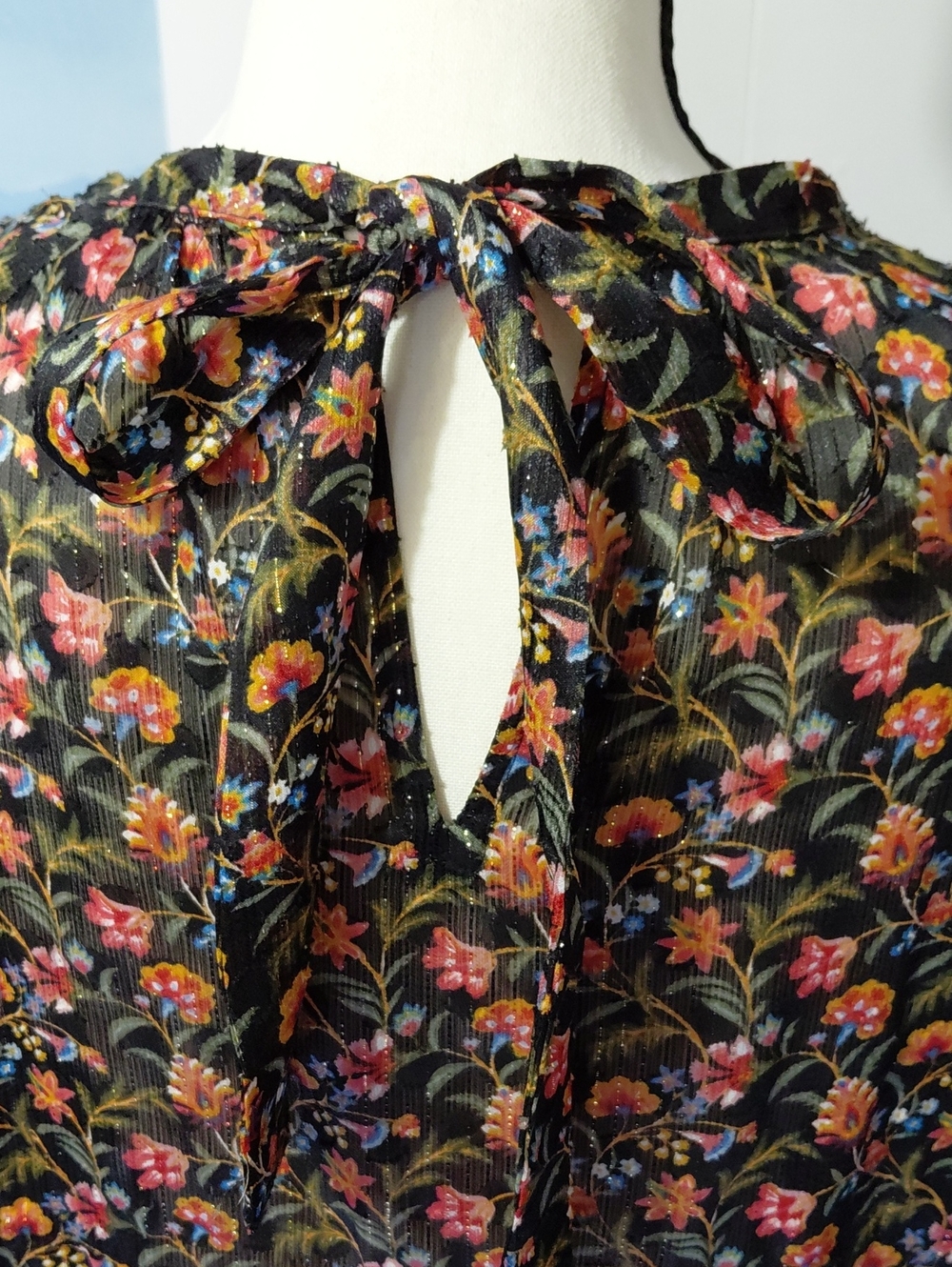 LOFT Black Floral Short-Sleeve Peasant Blouse with Pink & Red Flowers - Picture 3 of 11